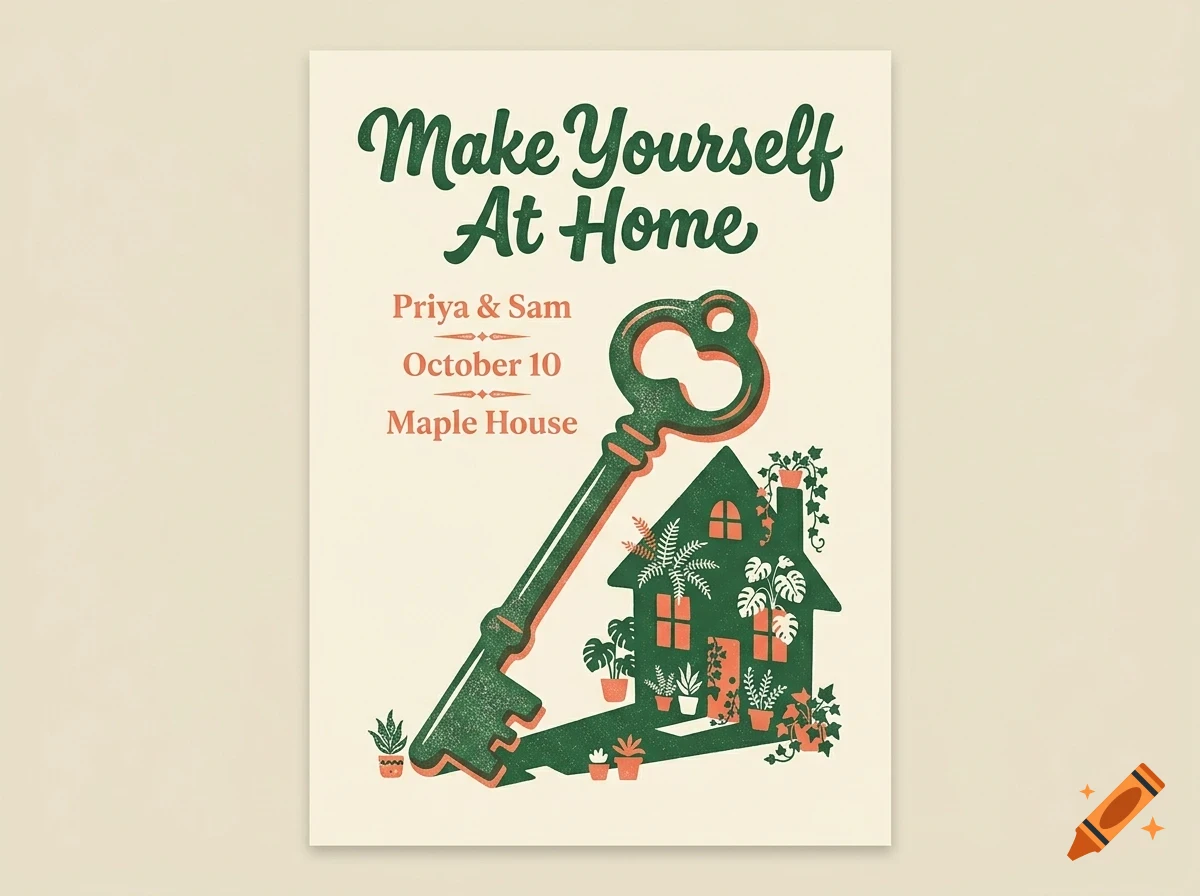 A poster featuring green and peach text reading Make Yourself At Home, alongside an illustration of a green house with potted plants and a large skeleton key.