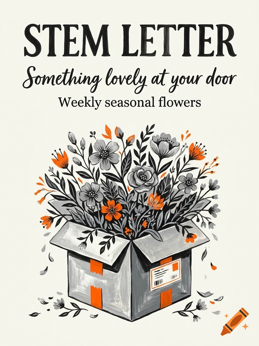An open delivery box overflowing with gray and orange flowers and greenery, with text reading STEM LETTER above.