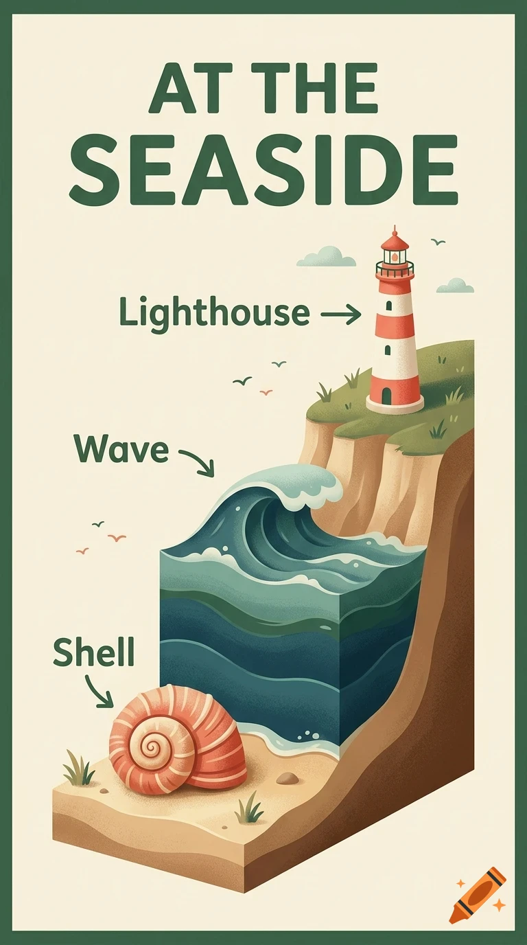 An educational diagram titled 'AT THE SEASIDE' showing cutaway views of a shell on sand, a wave in the ocean, and a lighthouse on a cliff.