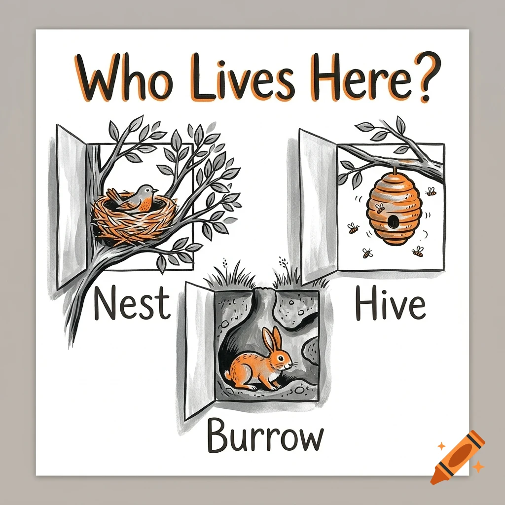 An educational illustration showing three animal homes: a bird in a nest, a rabbit in a burrow, and bees in a hive.