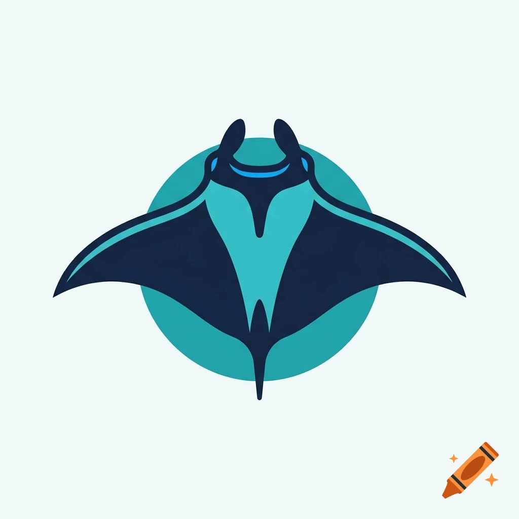 Minimalist graphic pictogram of a stylized dark blue manta ray with light blue accents in front of a teal circle on a light background.