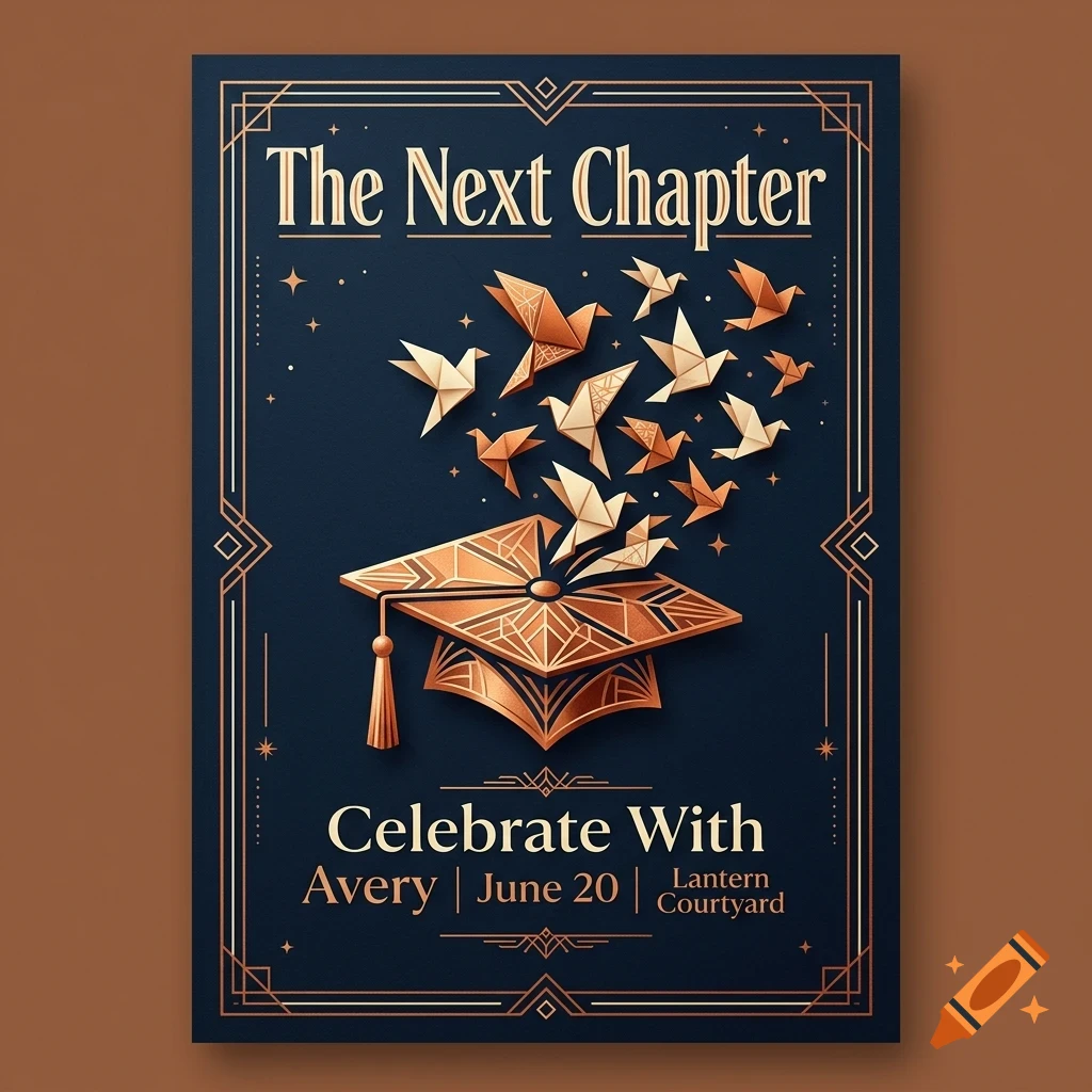An invitation poster with a dark blue background featuring an ornate graduation cap releasing origami birds flying upwards, framed by gold art deco borders and text reading The Next Chapter and Celebrate With Avery.