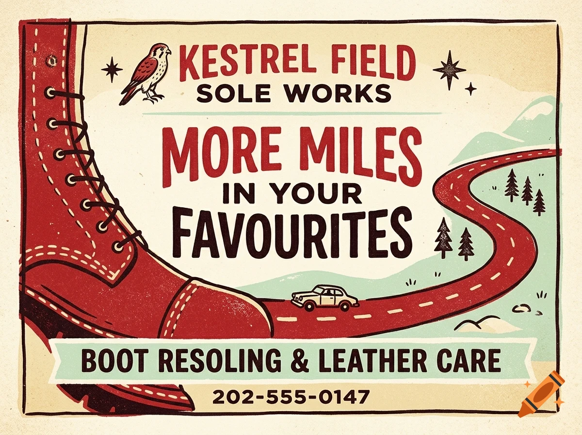 Vintage poster advertising Kestrel Field Sole Works with a large red boot, a winding road, and lettering.
