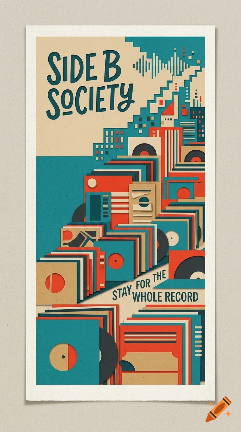 A stylized vector poster with stacks of vinyl records, the text "SIDE B SOCIETY", and "STAY FOR THE WHOLE RECORD".
