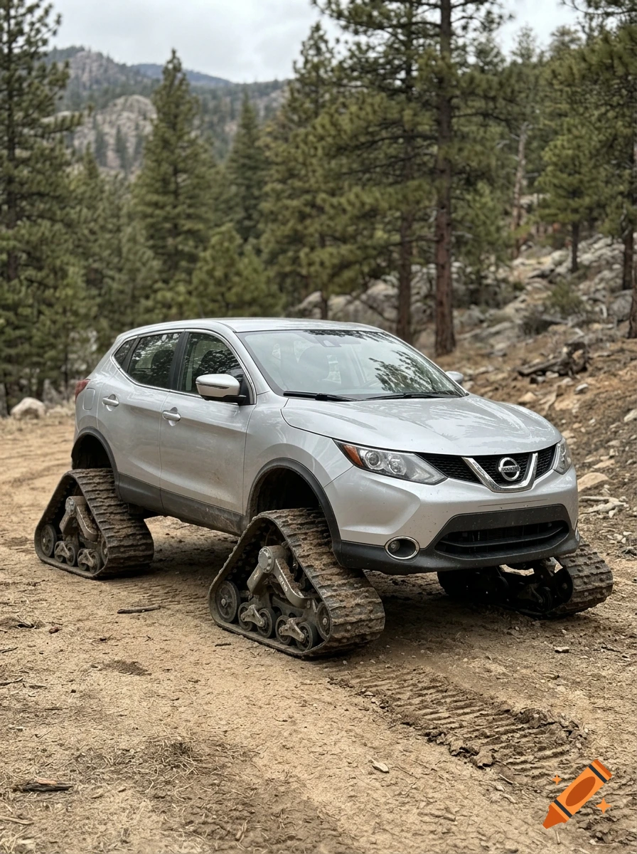 Photorealistic image of a silver Nissan Qashqai modified with continuous tracks instead of wheels, parked on a dirt path in a pine forest.