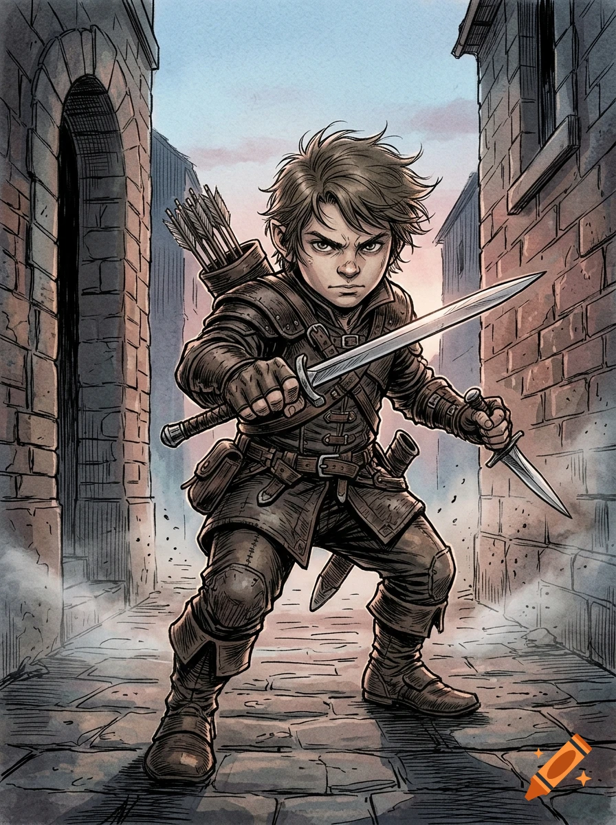 Hand-painted fantasy illustration of a determined halfling rogue with shortsword and dagger in a narrow alley at dawn.