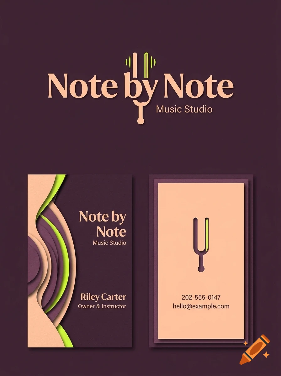Branding mockup for 'Note by Note Music Studio' featuring business cards and a logo with a tuning fork symbol.