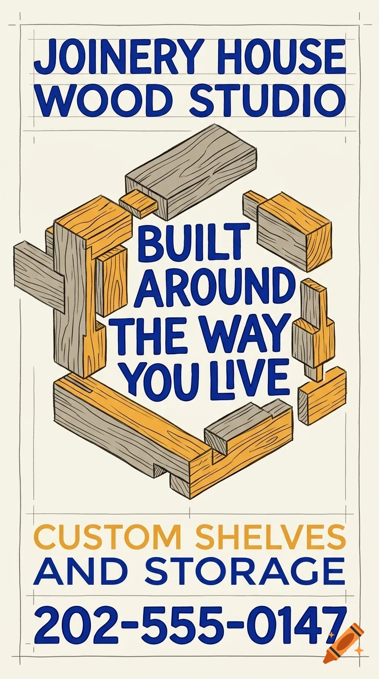 An illustrated design with blue and orange lettering and interlocking wooden joinery blocks, featuring text about Joinery House Wood Studio.