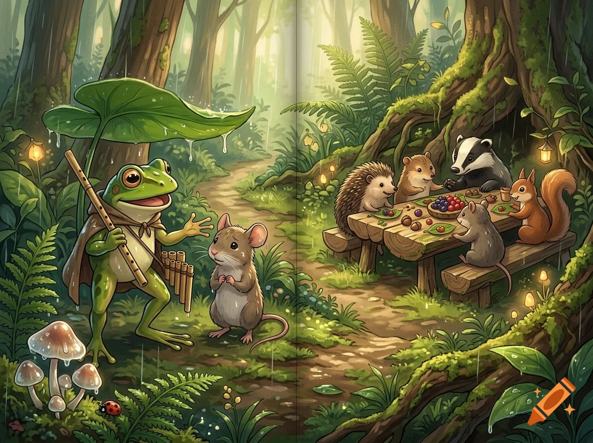 An anthropomorphic frog holding a leaf umbrella and flute talks to a mouse in a lush green forest, while other woodland animals gather at a picnic table nearby.