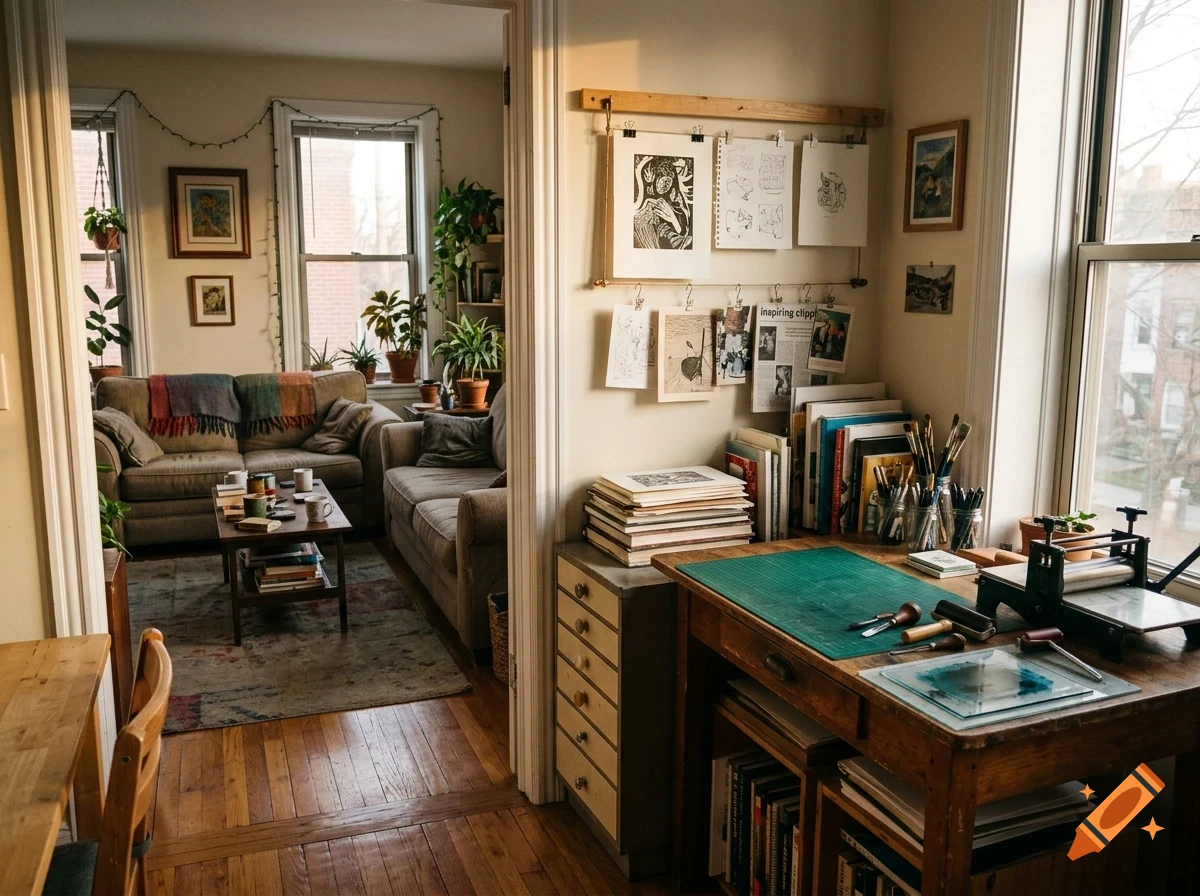 An artist's studio desk with printing tools and papers next to a doorway looking into a cozy living room with a sofa and houseplants.
