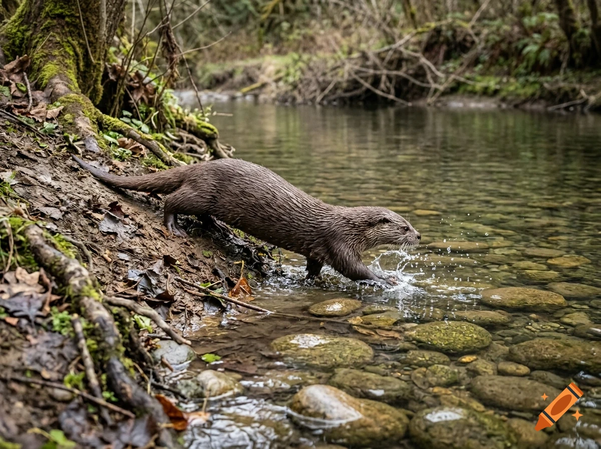An otter splashing into a shallow, clear stream from a muddy, root-covered bank in a forest.
