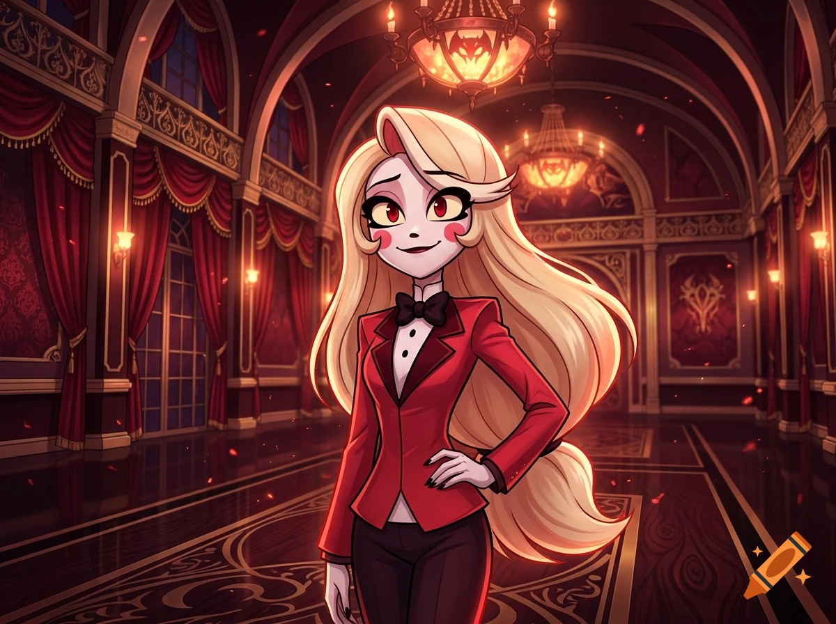 Charlie Morningstar from Hazbin Hotel standing in a grand red hallway with chandeliers, animated style.