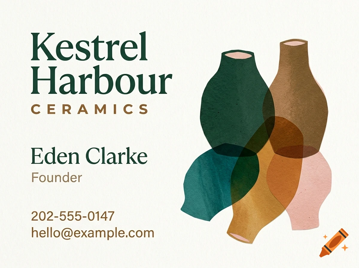 A business card featuring the text Kestrel Harbour Ceramics, Eden Clarke, Founder, phone and email, alongside an abstract illustration of overlapping ceramic vases.