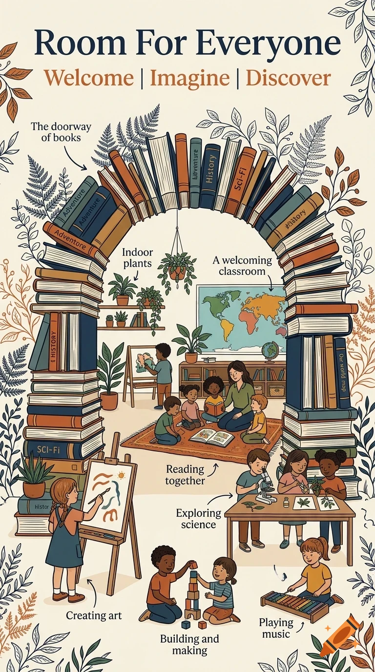 An illustrative diagram of an arched doorway made of stacked books, framing a classroom scene with children learning, reading, painting, and playing music.