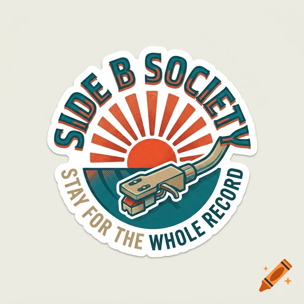 An illustration of a turntable tonearm above a sunburst and record, surrounded by the text Side B Society and Stay for the whole record.