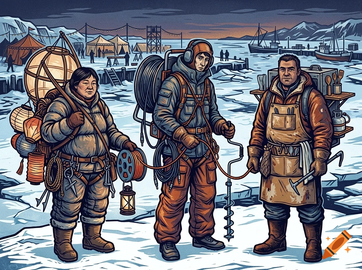 Illustration of three polar explorers in heavy winter gear standing in a snowy landscape with tents, ships, and mountains in the background.
