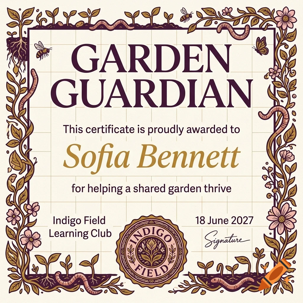An award certificate titled 'Garden Guardian' featuring a botanical border with plants, flowers, and garden insects, awarded to Sofia Bennett.