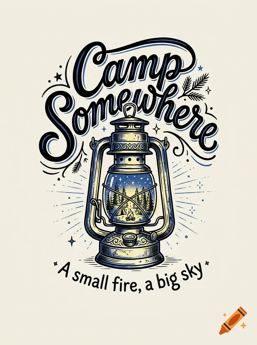 Illustration of a camping lantern containing a tiny forest scene, surrounded by lettering reading Camp Somewhere and A small fire, a big sky.