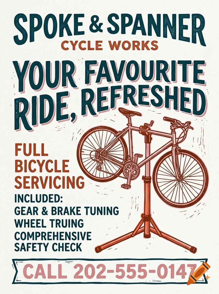 An advertisement poster for Spoke and Spanner Cycle Works featuring an illustration of a bicycle on a repair stand with promotional text.
