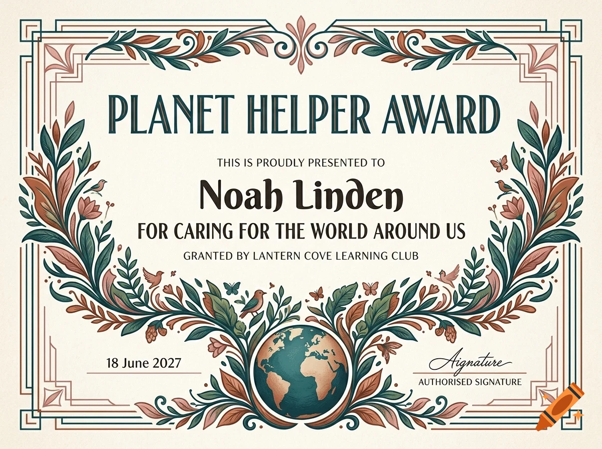 An award certificate featuring a globe, decorative floral and leaf borders, and text reading Planet Helper Award for Noah Linden.