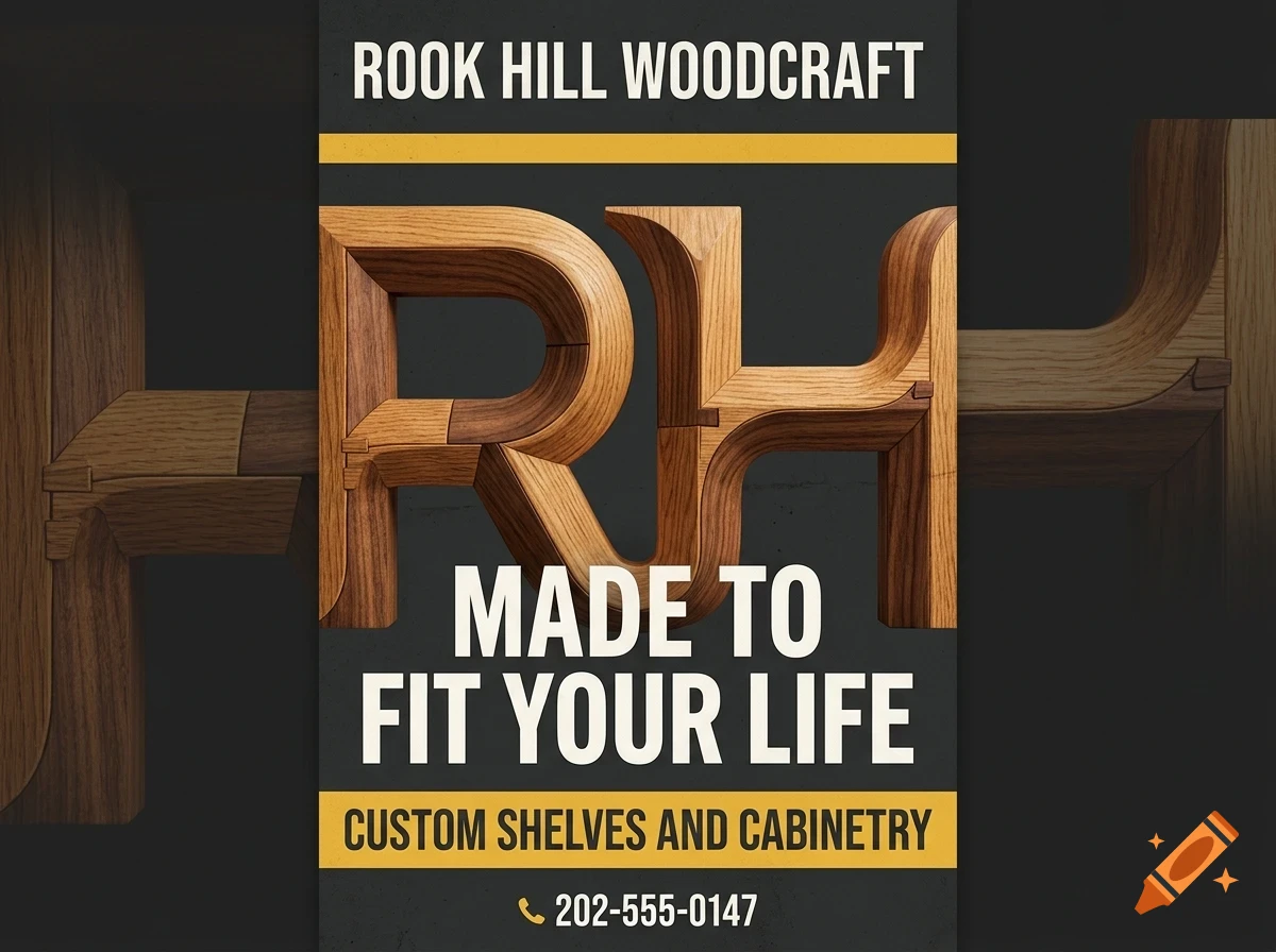A poster for Rook Hill Woodcraft featuring a large wooden monogram of the letters RH, with text reading Made to fit your life, Custom shelves and cabinetry, and a phone number.