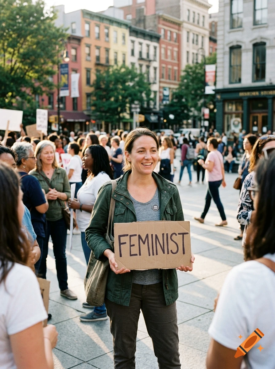 A smiling woman holding a cardboard sign that reads 'FEMINIST' at a street protest, photorealistic.