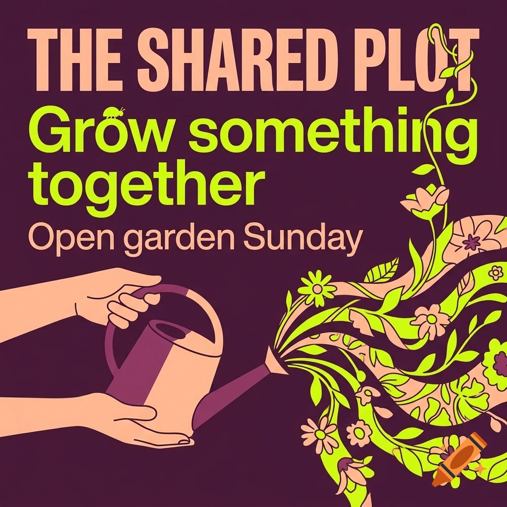 An illustrated poster with the text 'THE SHARED PLOT', 'Grow something together', and 'Open garden Sunday', showing hands holding a watering can that pours out stylized flowers, leaves, and a climbing vine.