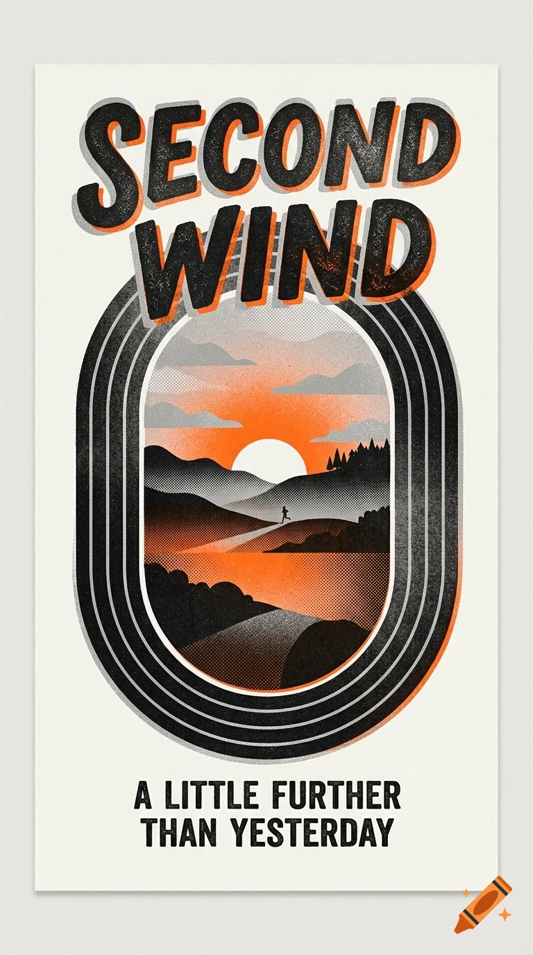 A poster with the text 'SECOND WIND' and 'A LITTLE FURTHER THAN YESTERDAY', featuring an illustration of a running track surrounding a sunset landscape with a runner.