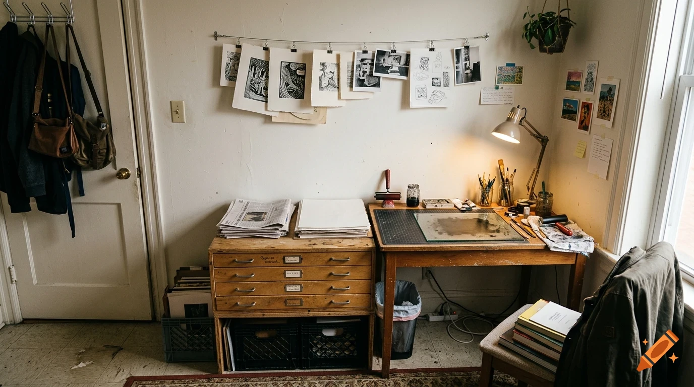 An artist's workspace with a wooden desk, a multi-drawer flat file cabinet, artwork hung on the wall, and a desk lamp.