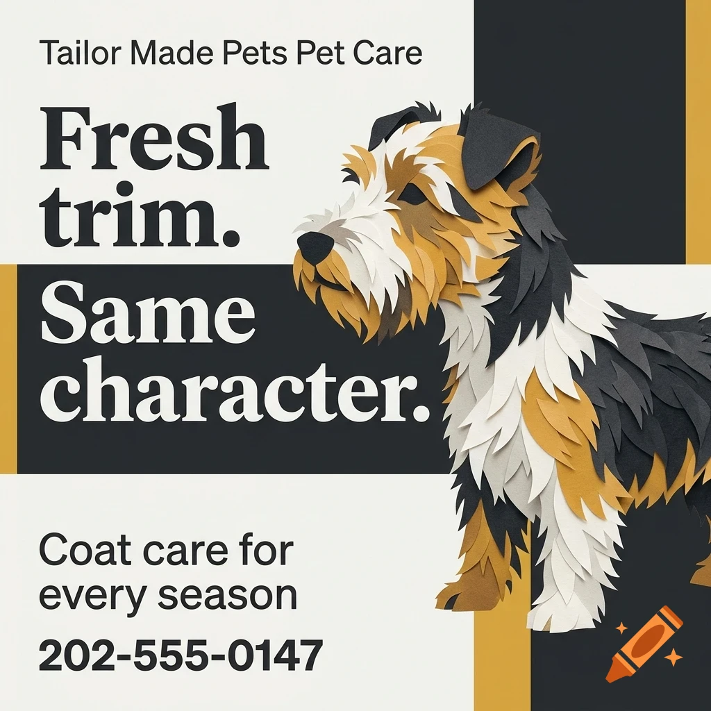 An advertisement for Tailor Made Pets Pet Care featuring a paper-craft style wirehaired terrier dog and the text Fresh trim. Same character.