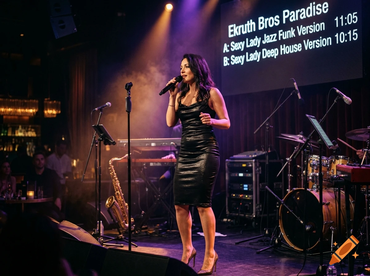 A female singer in a black dress performing on stage with a band, with a screen showing setlist text in the background.