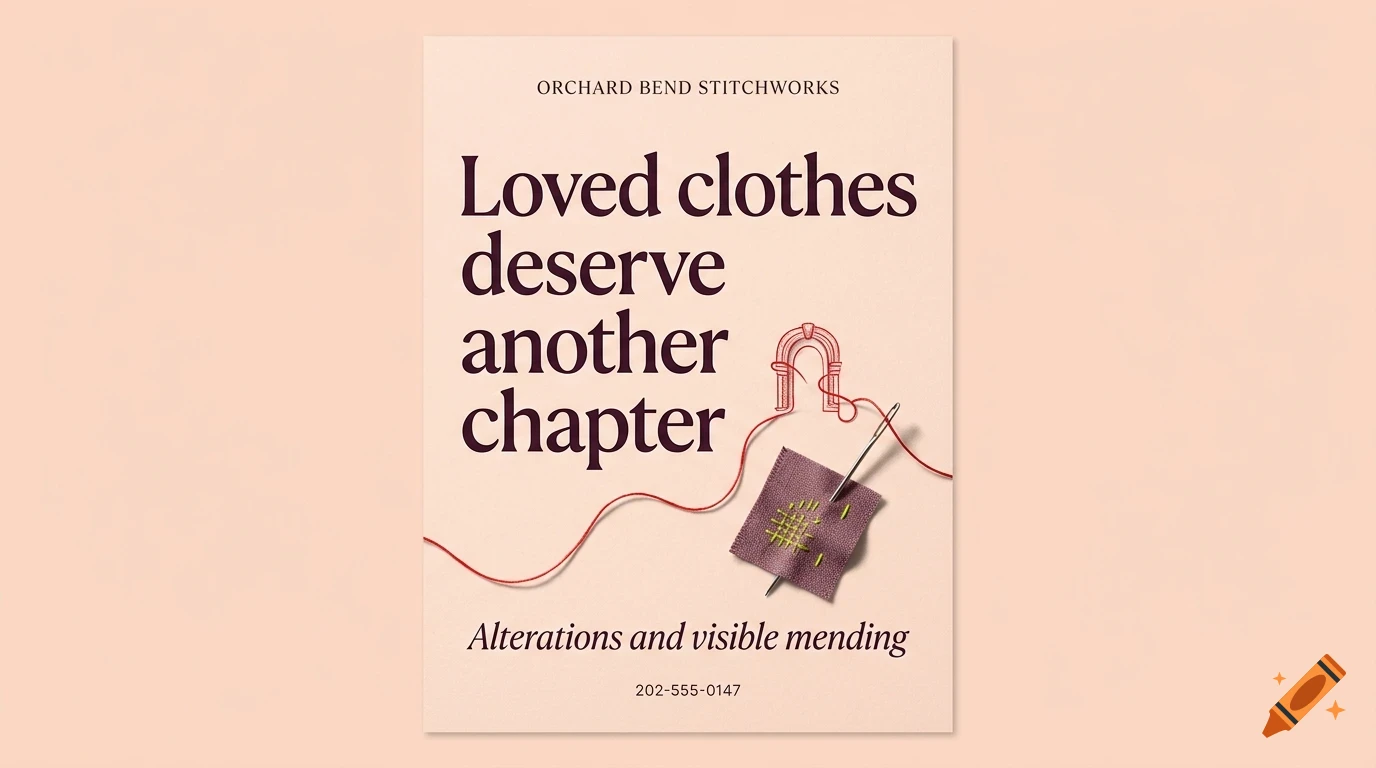 A poster with the text Loved clothes deserve another chapter, featuring a piece of fabric being mended with a needle and thread.