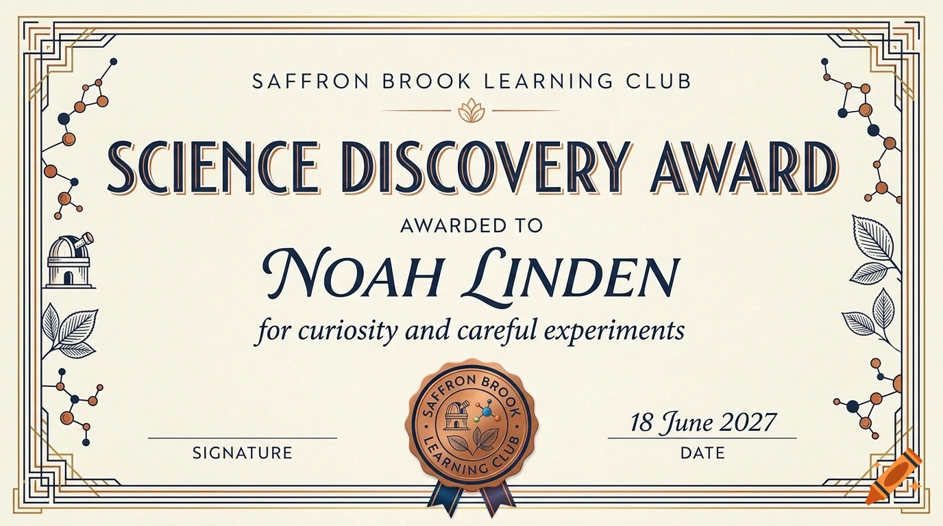An ornate certificate titled Science Discovery Award awarded to Noah Linden by Saffron Brook Learning Club.