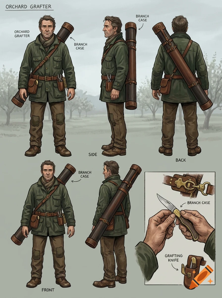 Character design sheet showing multiple views of an orchard grafter in green jacket and brown pants with a branch case and grafting knife.