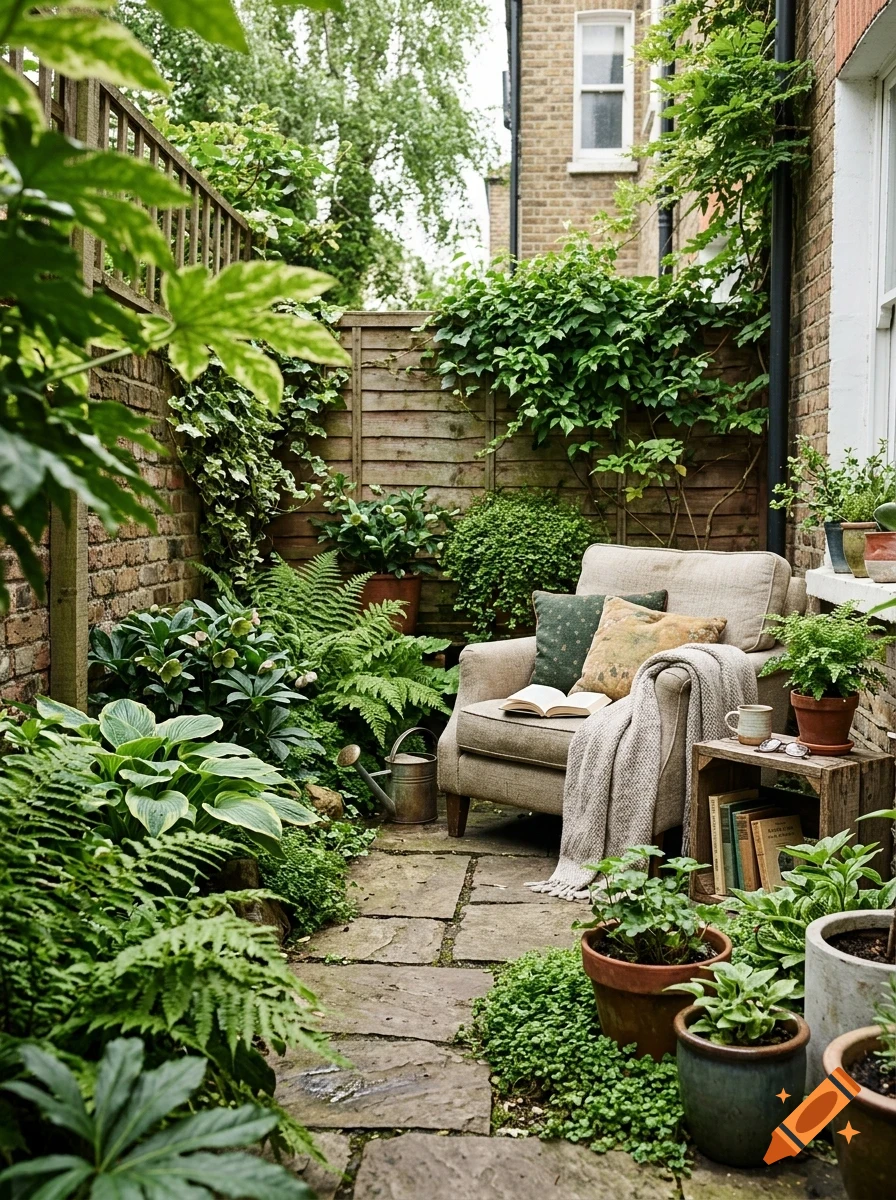 A cozy backyard patio with stone paving, lush green plants, ferns, potted flowers, and an armchair with a blanket and book.