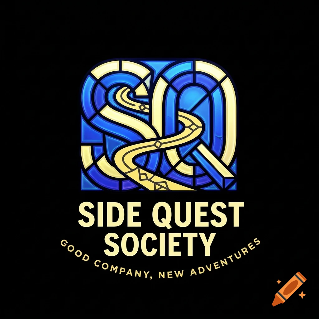 A stained glass style logo featuring the letters SQ intertwined with a winding path, with the text SIDE QUEST SOCIETY and GOOD COMPANY, NEW ADVENTURES.