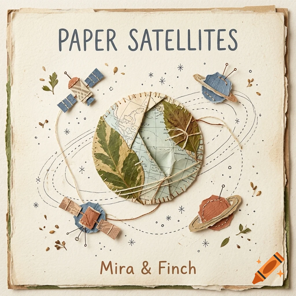 An artistic craft collage showing a stitched paper globe, satellites, and planets against a cream background with the text Paper Satellites and Mira & Finch.