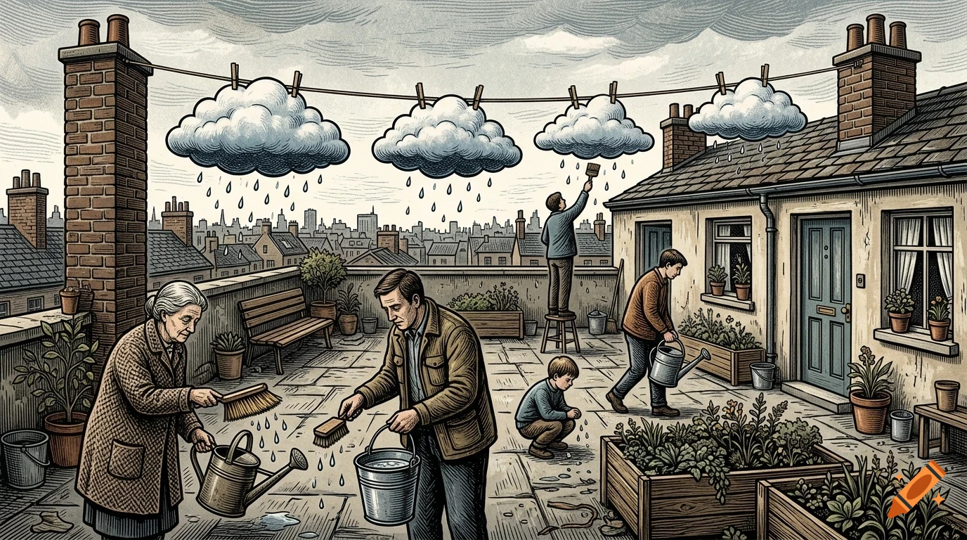 An illustration of people cleaning and tending to plants on a rooftop terrace under a clothesline with hanging rain clouds.