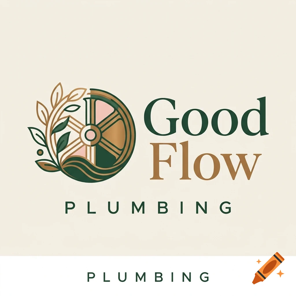 A logo for Good Flow Plumbing featuring a stylized circular emblem with leaves and water waves, accompanied by the text Good Flow Plumbing.