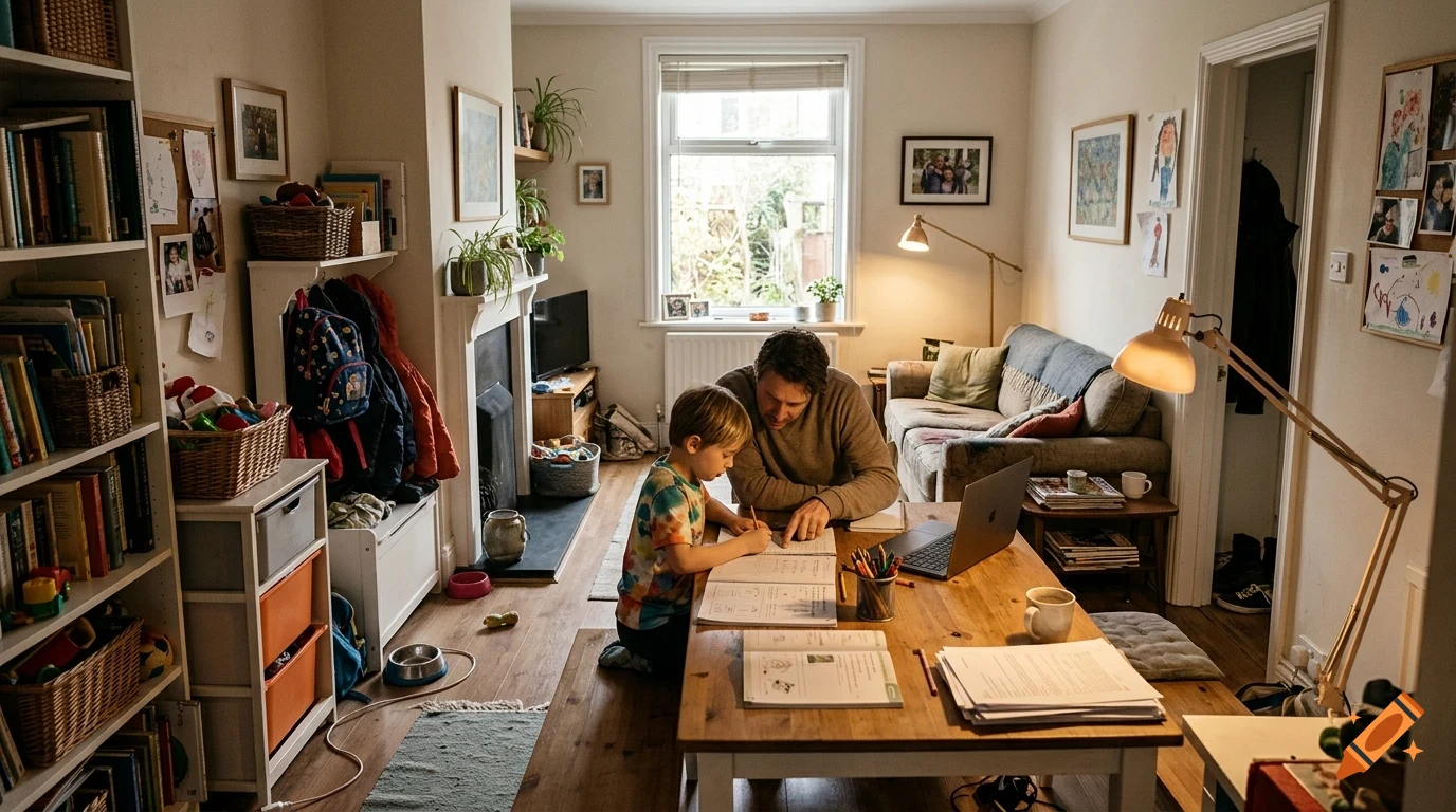 A man and a young boy sitting at a wooden table in a living room, working on schoolwork together with an open laptop nearby.