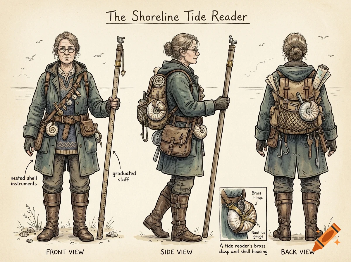 Character design sheet titled The Shoreline Tide Reader, showing front, side, and back views of a woman in a coat carrying gear and a graduated staff.