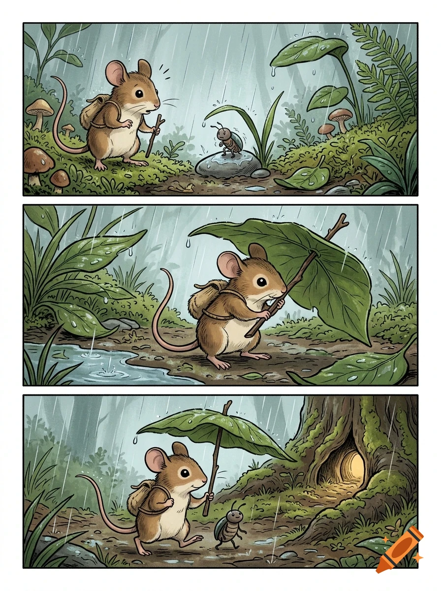 A three-panel comic strip showing a small mouse wearing a backpack and holding a stick, meeting a bug in the rain, then using a large leaf as an umbrella, and finally walking with the bug toward a glowing tree hollow.