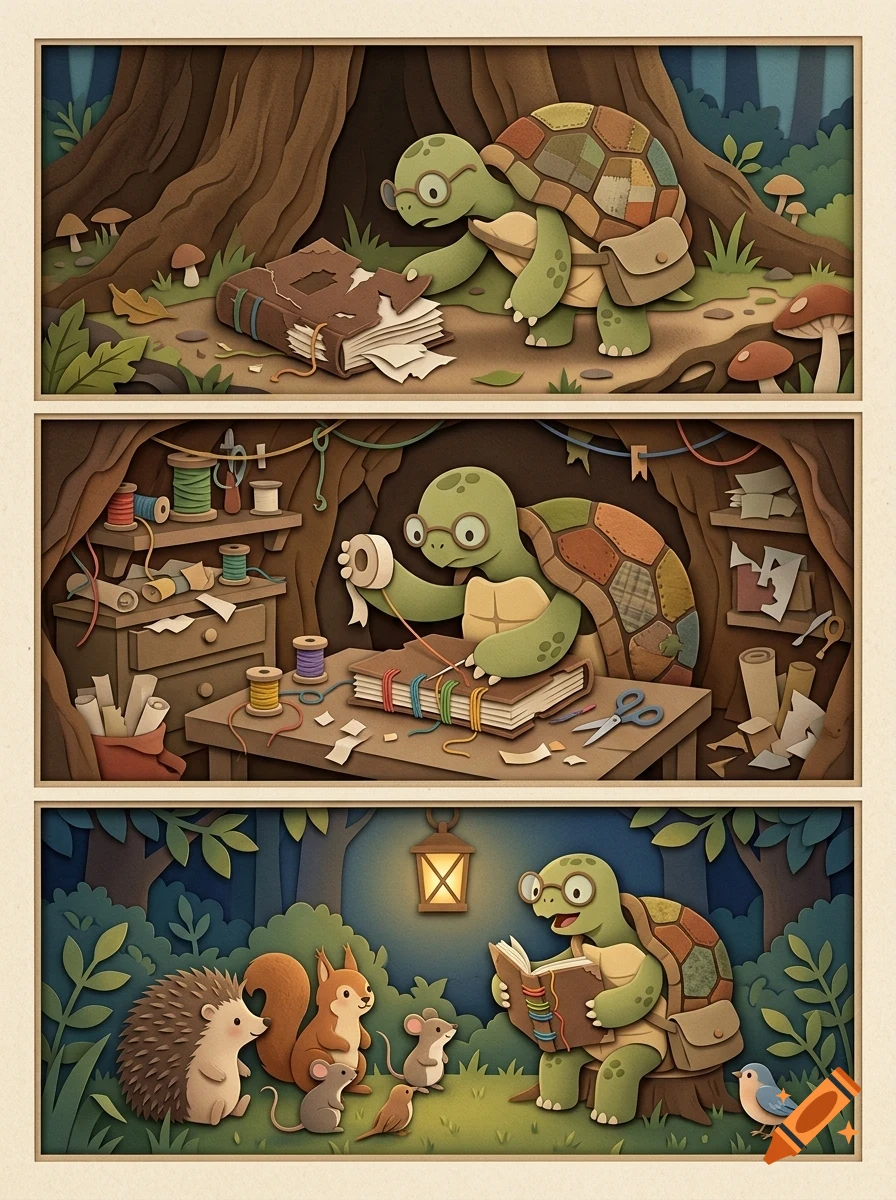 A three-panel illustration shows a turtle finding a damaged book, repairing it with thread in a workshop, and reading it to woodland animals.