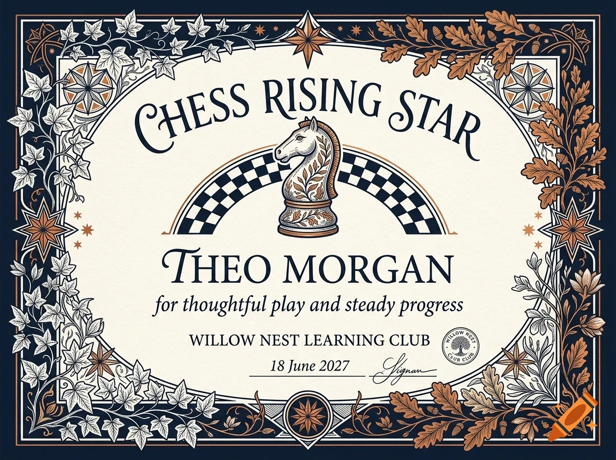 An ornate certificate with a chess knight piece, checkered arch, and botanical frame, featuring the text Chess Rising Star and Theo Morgan.