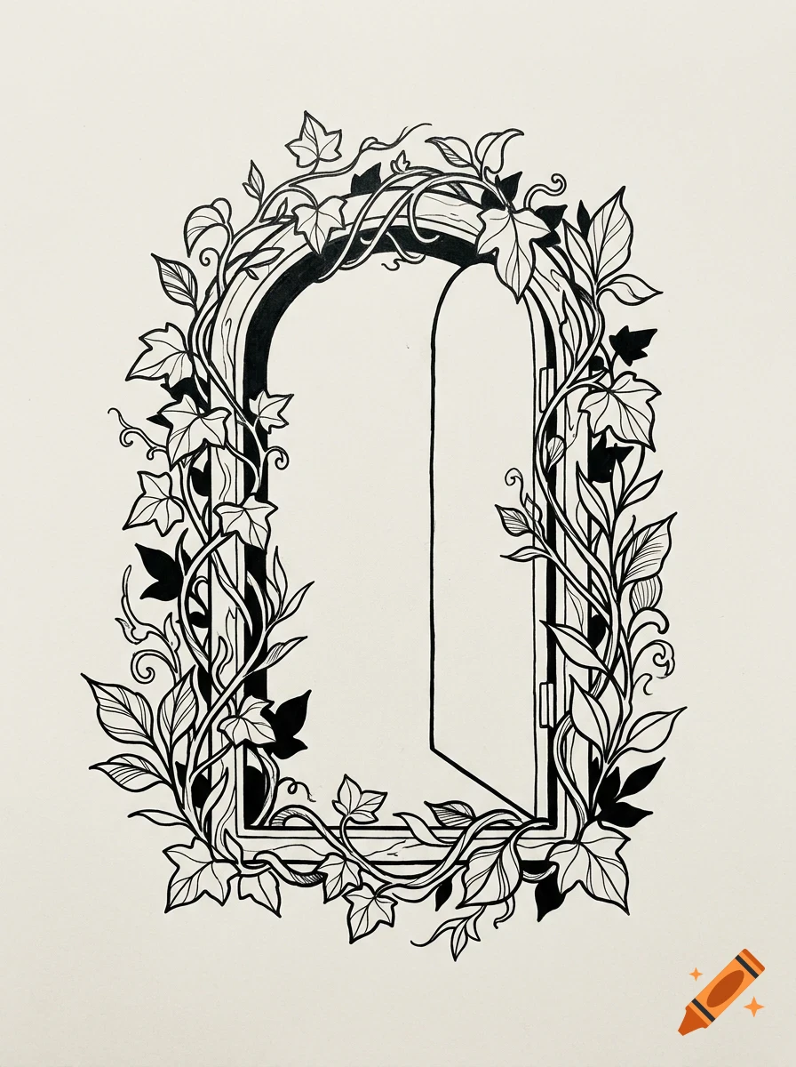An ink drawing of an arched open door overgrown with vines and leaves.