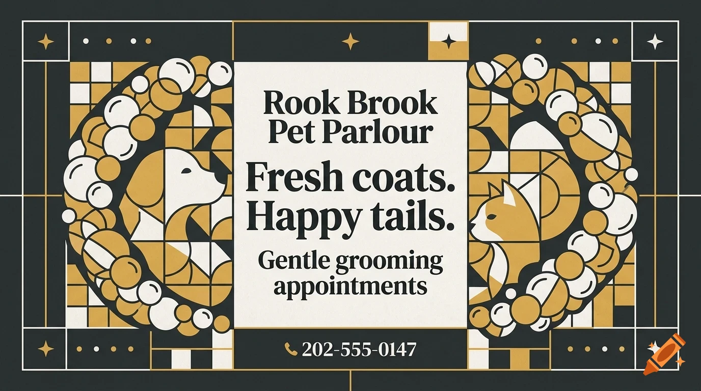 An Art Deco style design for Rook Brook Pet Parlour featuring a dog and cat illustration alongside lettering and geometric patterns.