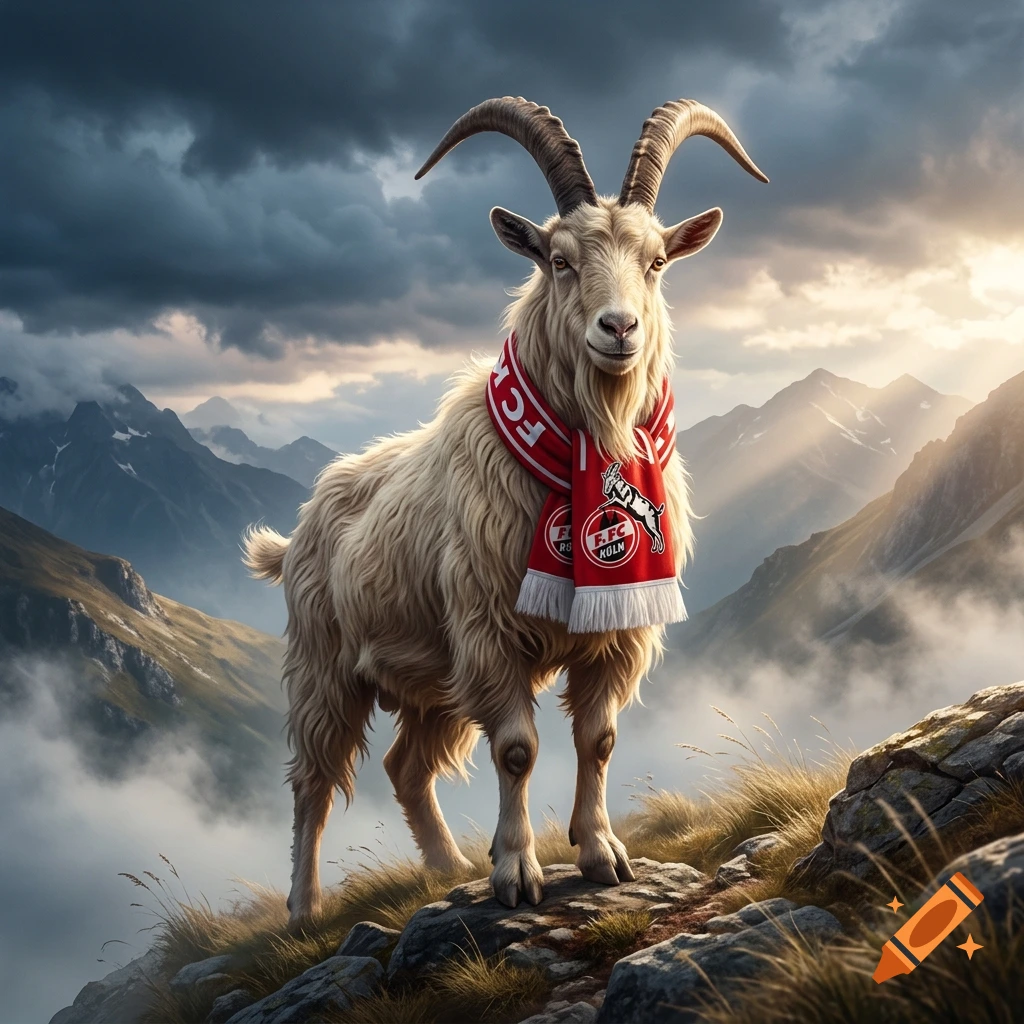 Photorealistic image of a billy goat standing on a mountain peak wearing a red scarf with FC Köln logos.