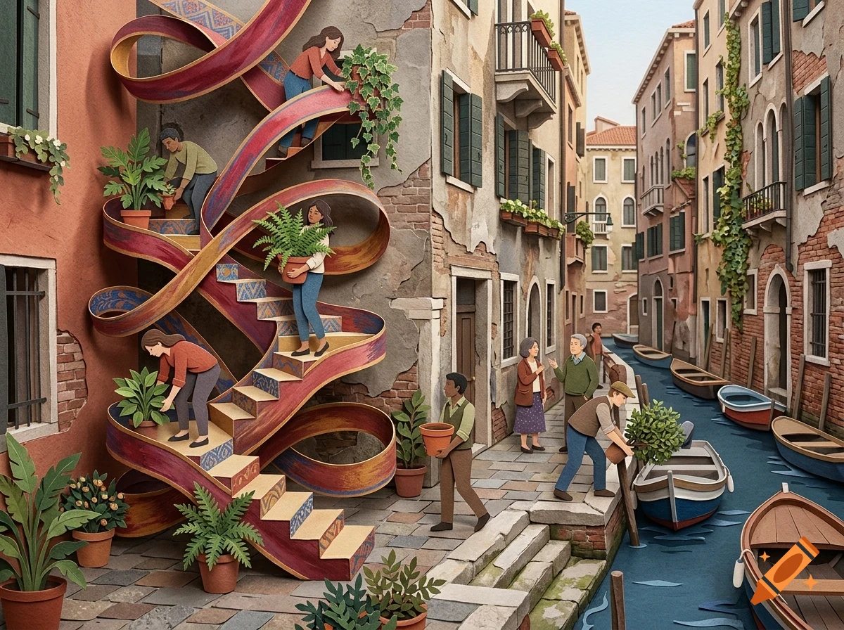 An illustration of a narrow canal street with people tending to potted plants along a winding, decorative staircase.