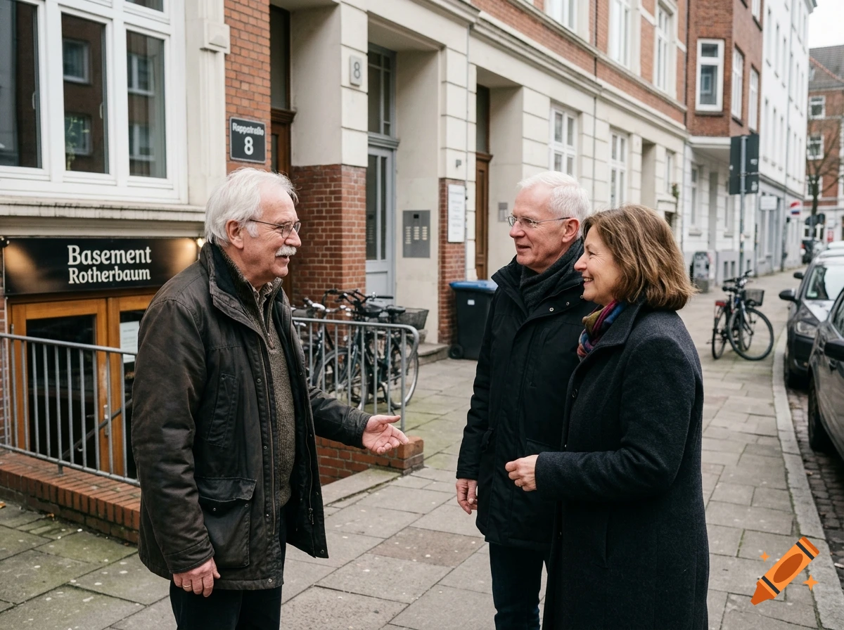 Photorealistic street scene where an older man talks to another man and a woman in front of a building with a 'Basement Rotherbaum' sign.