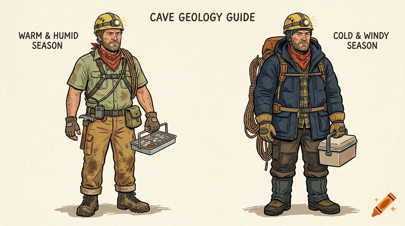 An illustrated guide showing two outfits for a geologist, labeled warm and humid season and cold and windy season.